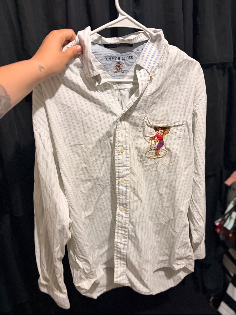 Tommy Hilfiger White Shirt with Light Blue Pinstripes and Embroidered Crest